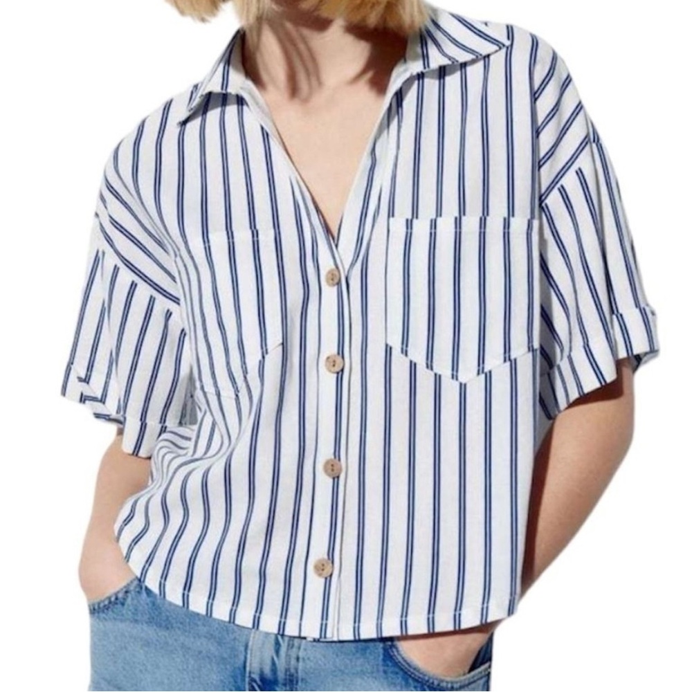 Zara linen blend crop top short Striped Button Down Shirt white and blue navy